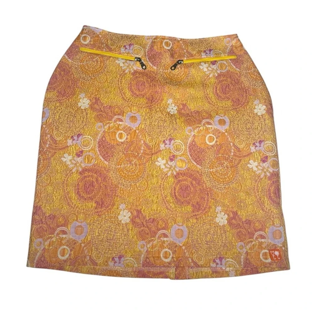 Tulip & Tatamo Floral‎ Brocade Bella Skirt Orange Mod Norway Medium Circles Slit